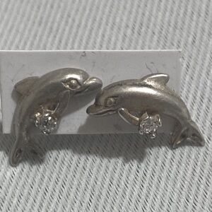 925 Sterling Silver Dolphin Earrings w CZs